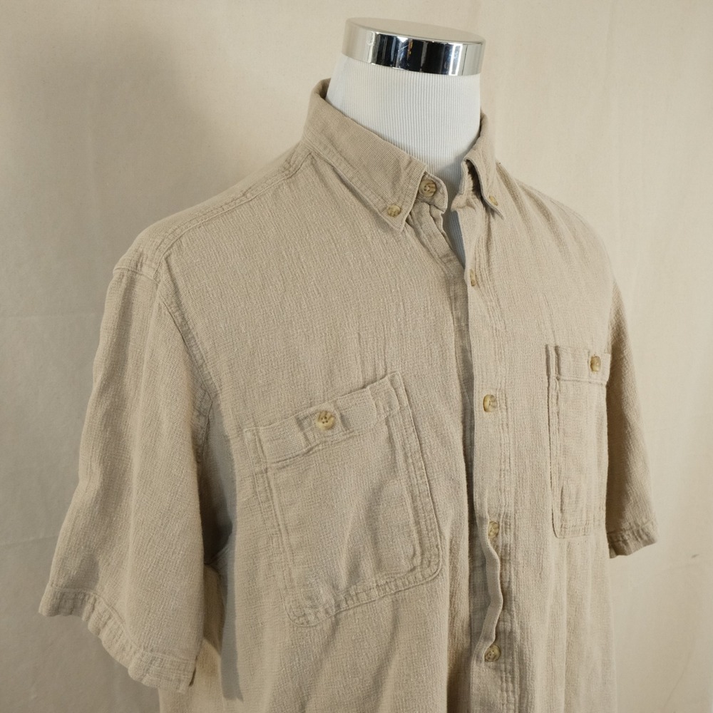 Duluth Trading Co Large Button Down Shirt Tan Hemp Cotton Blend Shrot Sleeve
